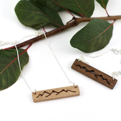 Mountain range wood bar necklace with plant