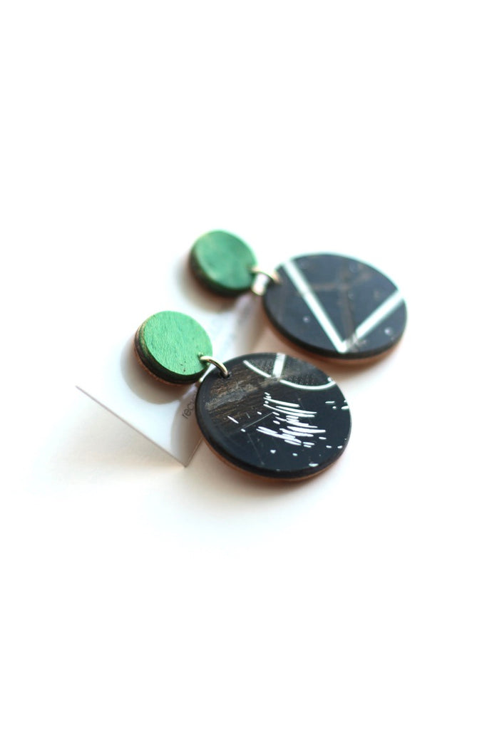 Black and white recycled skateboard statement earrings by Billy Would Designs
