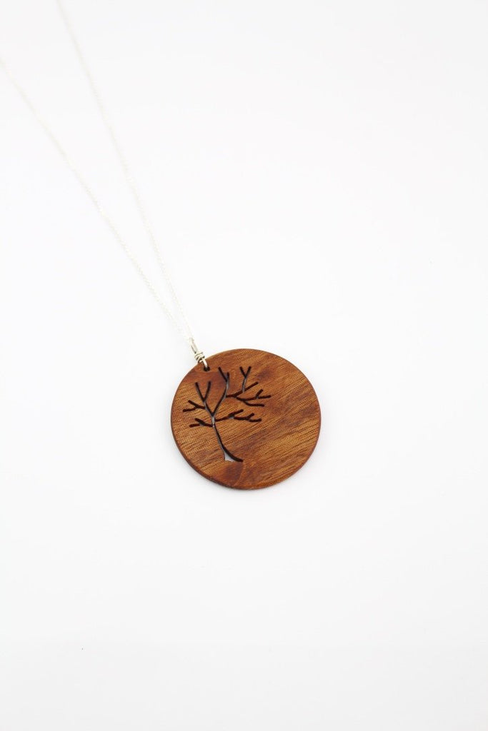 Round wood tree of life necklace