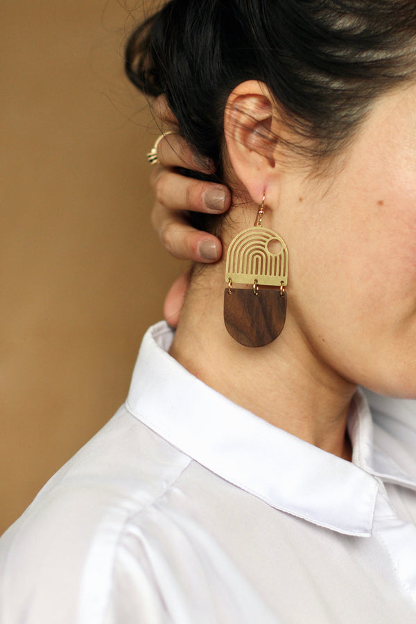 Geometric statement earrings wood and gold coloured brass