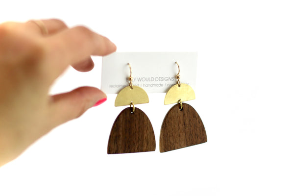 Brass and walnut stacking shape earrings