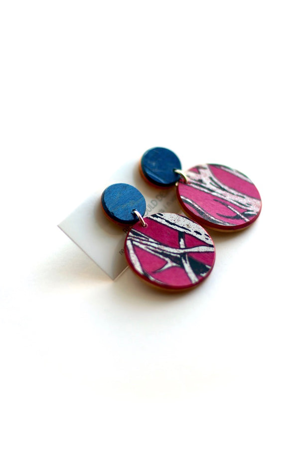 Recycled skateboard round Billy Would Designs earrings pink and blue