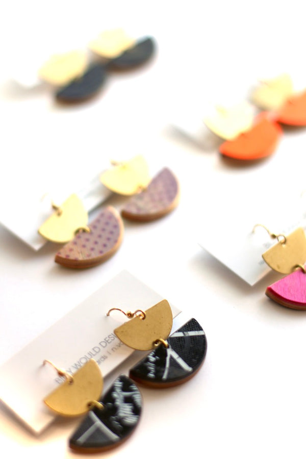 Recycled skateboard brass gold statement earrings by Billy Would Designs